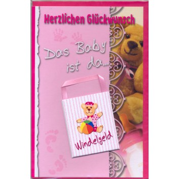  Skorpion Glückwunschkarte; 115 x 175 mm; Zur Geburt - Mädchen; Fotomotiv: Bärchen mit Windelgeldtüte; Ku: pink, naßklebend, Spitzklappe; Hochformat 