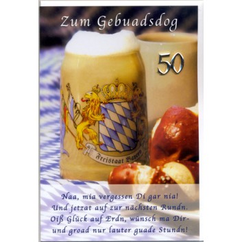  Sü Glückwunschkarte; 115 x 175 mm; Zum 50. Geburtstag; Fotomotiv: Bierkrug, Brezen, weiß-blau; Ku: weiß, naßklebend, Spitzklappe; Hochformat; B24 