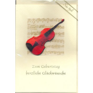  Glückwunschkarte; 115 x 175 mm; Zum Geburtstag; Motiv: Notenblatt mit Geige - 3D-Effekt; Ku: creme, naßklebend, Spitzklappe; Hochformat; 001 