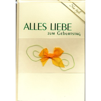  Glückwunschkarte; 115 x 175 mm; Zum Geburtstag; Motiv: gelbe Satinschleife m. Draht; Ku: creme, naßklebend, Spitzklappe; Hochformat; 002 