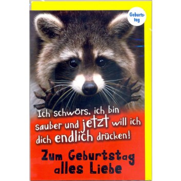  Horn Glückwunschkarte; 115 x 175 mm; Zum Geburtstag - Humor; Fotomotiv: Waschbär; Ku: gelb,naßklebend, Spitzklappe; Hochformat; 50-H7274 