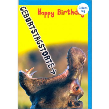  Horn Glückwunschkarte; 115 x 175 mm; Zum Geburtstag - Humor; Fotomotiv: Nilpferd; Ku: blau,naßklebend, Spitzklappe; Hochformat; 50-H7276 