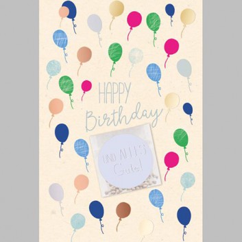  Skorpion Glückwunschkarte mit Wildblumensamen; 115 x 175 mm; Gieß-mich: Zum Geburtstag; Luftballons, bunt; Ku: creme, naßklebend, Spitzklappe 