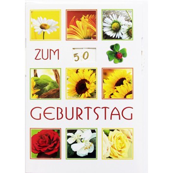  Sü Glückwunschkarte; 113 x 163 mm; Zum 1.-99. Geburtstag; Fotomotiv: Blumen + Drehscheibe; Ku: weiß, naßklebend, Spitzklappe; Hochformat; 55-9873 