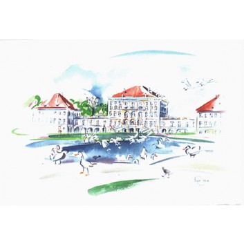  Glückwunschkarte, Aquarell-Kunstkarte; 120 x 168 mm; ohne Text; München: Schloß Nymphenburg; Ku: creme, naßklebend, Spitzklappe; Querformat; # 048 