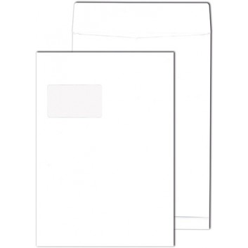  Faltentaschen; 229 x 324 mm (DIN C4); weiß; mit Fenster; Haftklebung mit Abdeckstreifen; gerade Klappe; 140 g/qm 