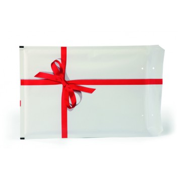  Luftpolstertasche; rote Schleife auf weißem Grund; 275 x 200 mm; 265 x 180 mm; ohne Fenster; #4/D (für A5); Papier und Polyethylen 