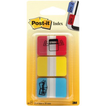  Post-it Haftmarker Index Strong; 25,4 x 38 mm; rot, gelb, blau sortiert; Polyester; extra stark, ablösbar; 66 Blatt im transparentem Etui 