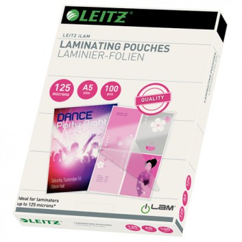  LEITZ Laminierfolie/Folientasche; 216 x 154 mm; DIN A5; 125 Micron; glänzende Oberfläche; Ethyl-Vinyl-Acetat; 100 Folien; abgerundete Ecken 