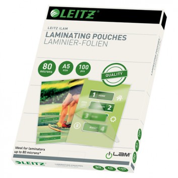  LEITZ Laminierfolie/Folientasche; 216 x 154 mm; DIN A5; 80 Micron; glänzende Oberfläche; Ethyl-Vinyl-Acetat; 100 Folien; abgerundete Ecken 