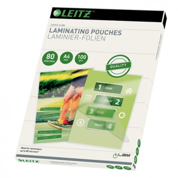  LEITZ Laminierfolie/Folientasche; 303 x 216 mm; DIN A4; 80 Micron; glänzende Oberfläche; Ethyl-Vinyl-Acetat; 100 Folien; abgerundete Ecken 