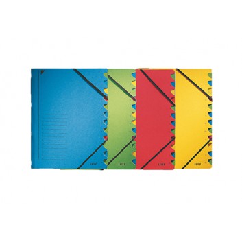  LEITZ Ordnungsmappe; verschiedene Farben; für DIN A4; Primärkarton; 12 Unterteilungen; mit Gummizugverschluß; mit farbigen Greifausschnitten 