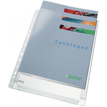  LEITZ Prospekthülle Maxi; für DIN A4; farblos; genarbt; oben offen; mit 20 mm Falz an 3 Seiten; PVC-Weichfolie; 0,17 mm; Universallochung 