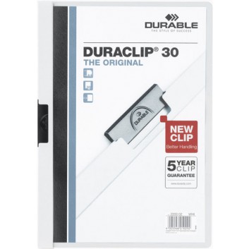  DURABLE Klemm-Mappe Duraclip®; weiß; für DIN A4; Hartfolie; ca. 30 Blatt; transparenter Vorderdeckel; Stahlklemme 