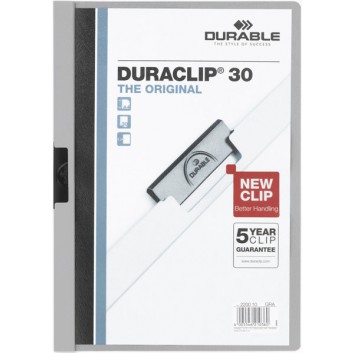  DURABLE Klemm-Mappe Duraclip®; grau; für DIN A4; Hartfolie; ca. 30 Blatt; transparenter Vorderdeckel; Stahlklemme 