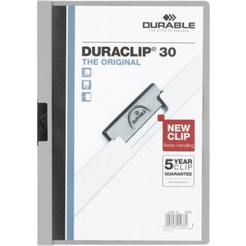  DURABLE Klemm-Mappe Duraclip®; grau; für DIN A4; Hartfolie; ca. 30 Blatt; transparenter Vorderdeckel; Stahlklemme 