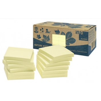  Haftnotizen-Box; 75 x 75 mm; gelb; Papier, aus 100% Recycling-Material; ablösbar, Kleber ohne Lösungsmittel; 12 Blöcke á 100 Blatt 