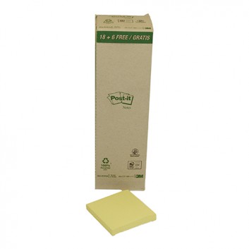  Post-it Recycling-Haftnotizen; 76 x 76 mm; gelb; 100% Recyclingpapier; Standard, ablösbar; 24 Blöcke á 100 Blatt 