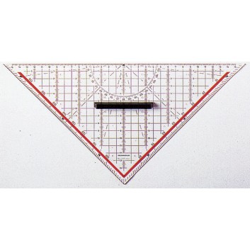  RUMOLD Technisches Zeichendreieck; transparent, rot hinterlegt; Kunststoff; Länge der Hypotenuse 325 mm; gegenläufige Gradskala; abnehmbarer Griff 