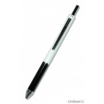  4-Aktion Kugelschreiber + Bleistift; uni; schwarz-weiß; schwarz, blau, rot + Bleistift; Bleistift 0,5; obenliegende Funktion wird ausgeführt 