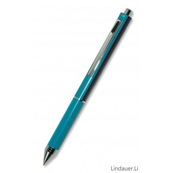  4-Aktion Kugelschreiber + Bleistift; uni; blau-türkis; schwarz, blau, rot + Bleistift; Bleistift 0,5; obenliegende Funktion wird ausgeführt 