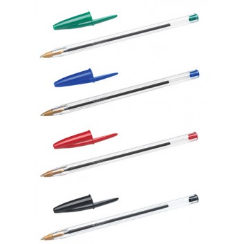  BIC Cristal® Medium Kugelschreiber; transparent, Spitze+Ende in Schreibfarbe; 4 Farben: schwarz, blau, rot, grün; M =  0,4 mm 