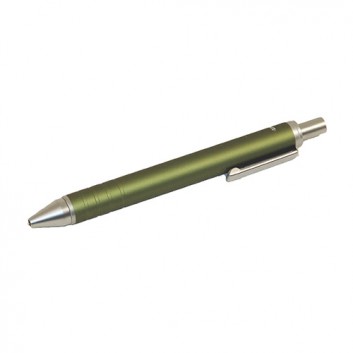  Druckkugelschreiber; uni; grün; matt; blau; Metallclip; gestreifte Oberfläche; Metallclip silber; Kurzmine; Länge: 117 mm 