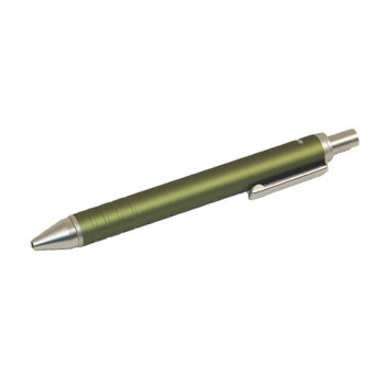  Druckkugelschreiber; uni; grün; matt; blau; Metallclip; gestreifte Oberfläche; Metallclip silber; Kurzmine; Länge: 117 mm 