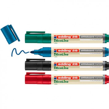  edding 28 EcoLine Whiteboardmarker; 4 Farben; ca. 1,5 - 3 mm; Rundspitze, austauschbar; nachfüllbar, 90% aus recy. Material; abwischbar 