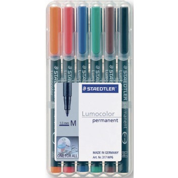  STAEDTLER Lumocolor Folienstifte-Set permanent; 6-farbig, sortiert in aufstellbarer Box; ca. 1,0 mm, mittel; Rundspitze 