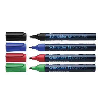  Schneider Maxx 230 Permanentmarker; 4 Farben; 1-3 mm; Rundspitze; nachfüllbar; Permanentmarker; Schaft blau, Kappe+Clip in Schreibfarbe 