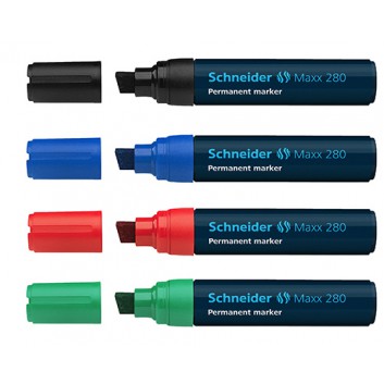  Schneider Maxx 280 Permanentmarker; 4 Farben; 4+12 mm; Keilspitze; nachfüllbar; Permanentmarker; Schaft blau, Kappe+Clip in Schreibfarbe 