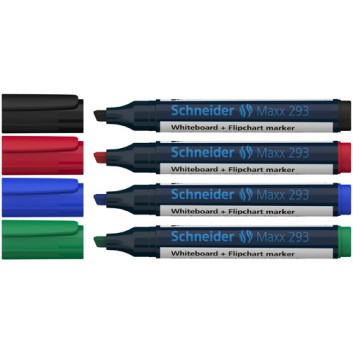  Schneider Maxx 293 Board-/Flipchartmarker; schwarz / blau / rot / grün; ca. 2 + 5 mm; Keilspitze; Kombimarker, trocken abwischbar 
