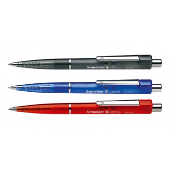  Schneider Optima Kugelschreiber; Schaftfarbe = Schreibfarbe; schwarz / rot / blau; M; robuste Funktions-u.Zierelemente /Metall; Metallclip 