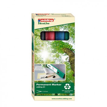  edding 21 EcoLine Permanentmarker 4er-Set; 4 Farben im Kartonetui; ca. 1,5 - 3 mm; Rundspitze, austauschbar; nachfüllbar, 90% aus recy. Material 