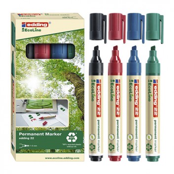  edding 22 EcoLine Permanentmarker 4er-Set; 4 Farben im Kartonetui; ca. 1,0 - 5 mm; Keilspitze, austauschbar; nachfüllbar, 90% aus recy. Material 