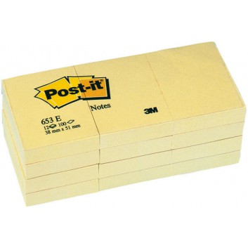  Post-it Haftnotizen; 51 x 38 mm; gelb; Papier; Standard, ablösbar; 12 Blöcke á 100 Blatt; neu - in Kartonverpackung 