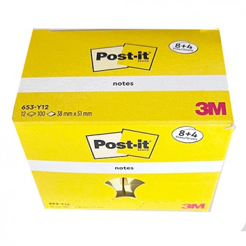 Post-it Haftnotizen; 51 x 38 mm; gelb; Papier; Standard, ablösbar; 12 Blöcke á 100 Blatt; neu - in Kartonverpackung 