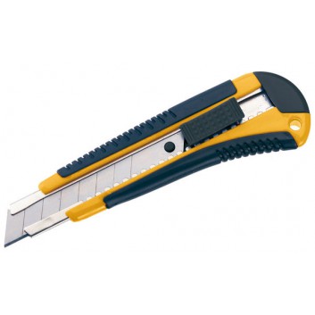  ALCO Profi-Cuttermesser; 18 mm; schwarz/gelb; Kunststoff mit Metallführung; mit gummiertem Griff; Schieberaster mit Automatik-Stopp 