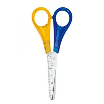 WEDO Bastelschere für Linkshänder; 13,0 cm; blau/gelb; Kindergerechte Kunststoffgriffe; Stahl, rostfrei; abgerundet; mit cm Einteilung 