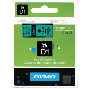  Dymo Schriftbandkassette; 12 mm x 7 m (B x L); schwarz; grün; ablösbar; Kunststoff, laminiert; UV+temperarturbeständig, wasserabweisend; S0720590 