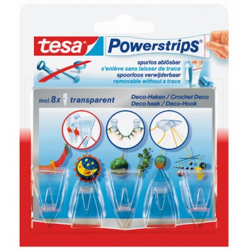  tesa Powerstrips® Deco-Haken; transparent; 300 g; Set mit 5 Deko-Haken und 8 Deco-Strips; ca. 3,5 x 2 cm; Set mit 5 Deko-Haken und 8 Deco-Strips 
