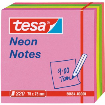  tesa Haftnotizenwürfel Neon Notes; 75 x 75 mm; pink, gelb, grün, orange; Papier; Standard, ablösbar; 1 Block á 320 Blatt 