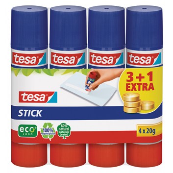  tesa Klebestift Stick ecoLogo® Sparpack 3+1; 3x 20g + 1x 20g gratis; Papier, Fotos, Filz, Hartschaum uvm.; ohne Lösungsmittel; kalt auswaschbar 