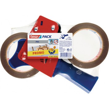  tesa Packband-Abroller, mit 2 Rollen Sparpack; 50 mm x 66 m; rot - blau; gezahntes Messer; stabiles Metallgehäuse; mit 2 PVC-Packbänder 