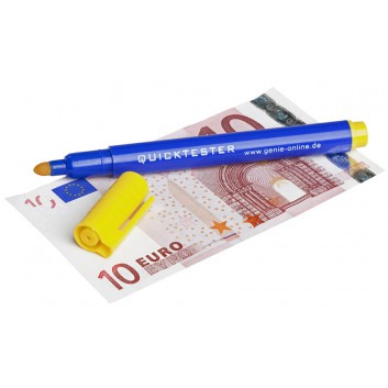  GENIE Geldscheinprüfer-Stift; Länge ca. 133 mm, Ø mit Clip 15 mm; blau - gelb; visuell; ECHT = hellgelb, FALSCH = dunkelgelb 