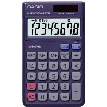  CASIO Taschenrechner SL-300VER; 8-stellig; schwarz; 118 x 70 x 7 mm; Solar und Batterie; Prozentrechnung, Euro-Umrechnung; mit Schutztasche 