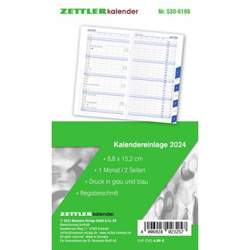  ZETTLER Monatsplaner: Taschenkalender+Register; ohne Einband; 8,8 x 15,2 cm; 1 Monat = 2 Seiten,waagrecht / 32 Seiten; 5306198 