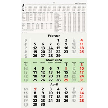  ZETTLER Dreimonatskalender RECY - 1 Block; Druck: grün-schwarz-rot; 29,5 x 49 cm; 3 Monate = 1 Blatt; 956-0700; perforiert; inkl. Datumschieber 