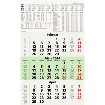  ZETTLER Dreimonatskalender RECY - 1 Block; Druck: grün-schwarz-rot; 29,5 x 49 cm; 3 Monate = 1 Blatt; 956-0700; perforiert; inkl. Datumschieber 
